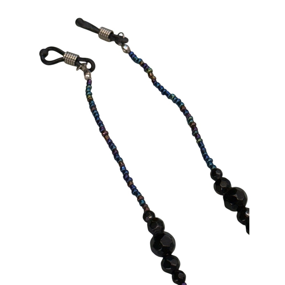 Women's Eyeglass Fashion Chain Badge Holder for IDs and Cards, blk, silver beads - Picture 2 of 4